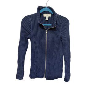 Jones New York Full Zip Sweater Navy Ribbed Womans S